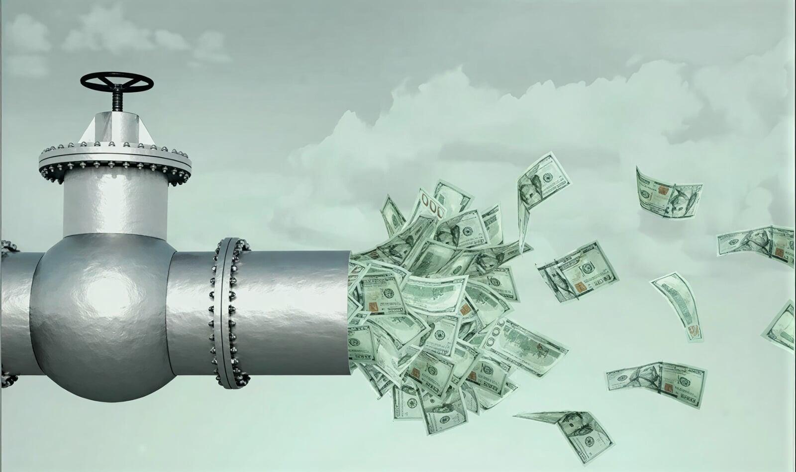 Close-up of a large industrial pipe releasing flying dollar bills into the air, representing hidden operational patterns and unnoticed financial leaks that gradually reduce business cash flow over time.