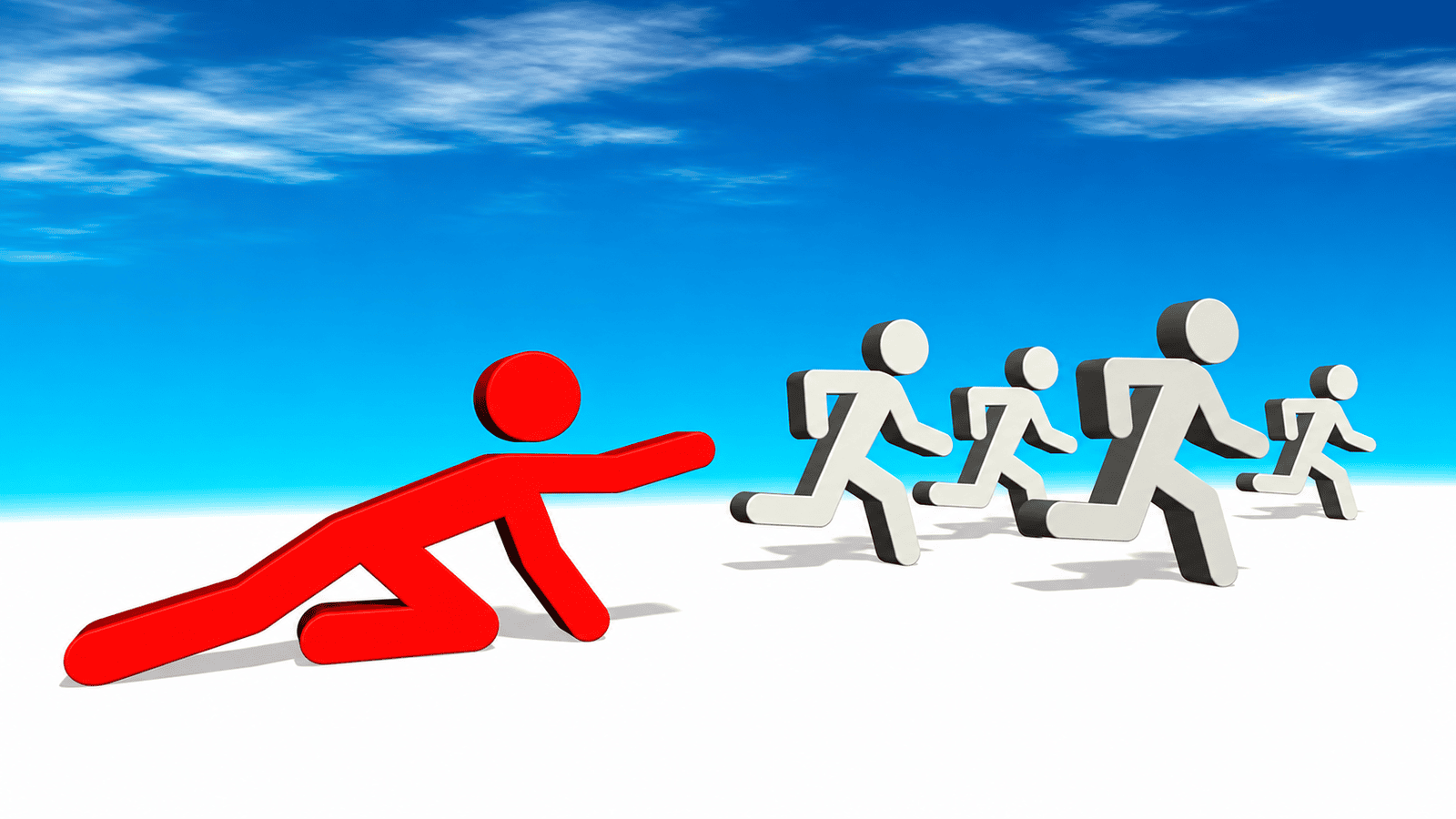 3D illustration of a red figure crawling behind a group of white figures running ahead across a clean white surface under a blue sky, representing how even responsible Canadian business owners can fall behind on CRA tax obligations.