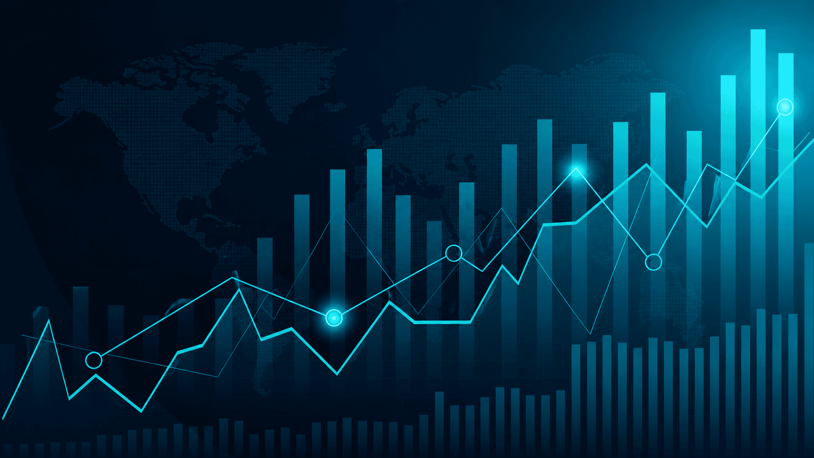 Digital financial chart displaying upward and fluctuating trend lines across a global market backdrop, representing the risks businesses face when failing to adapt to changing economic conditions, customer needs, and financial trends.