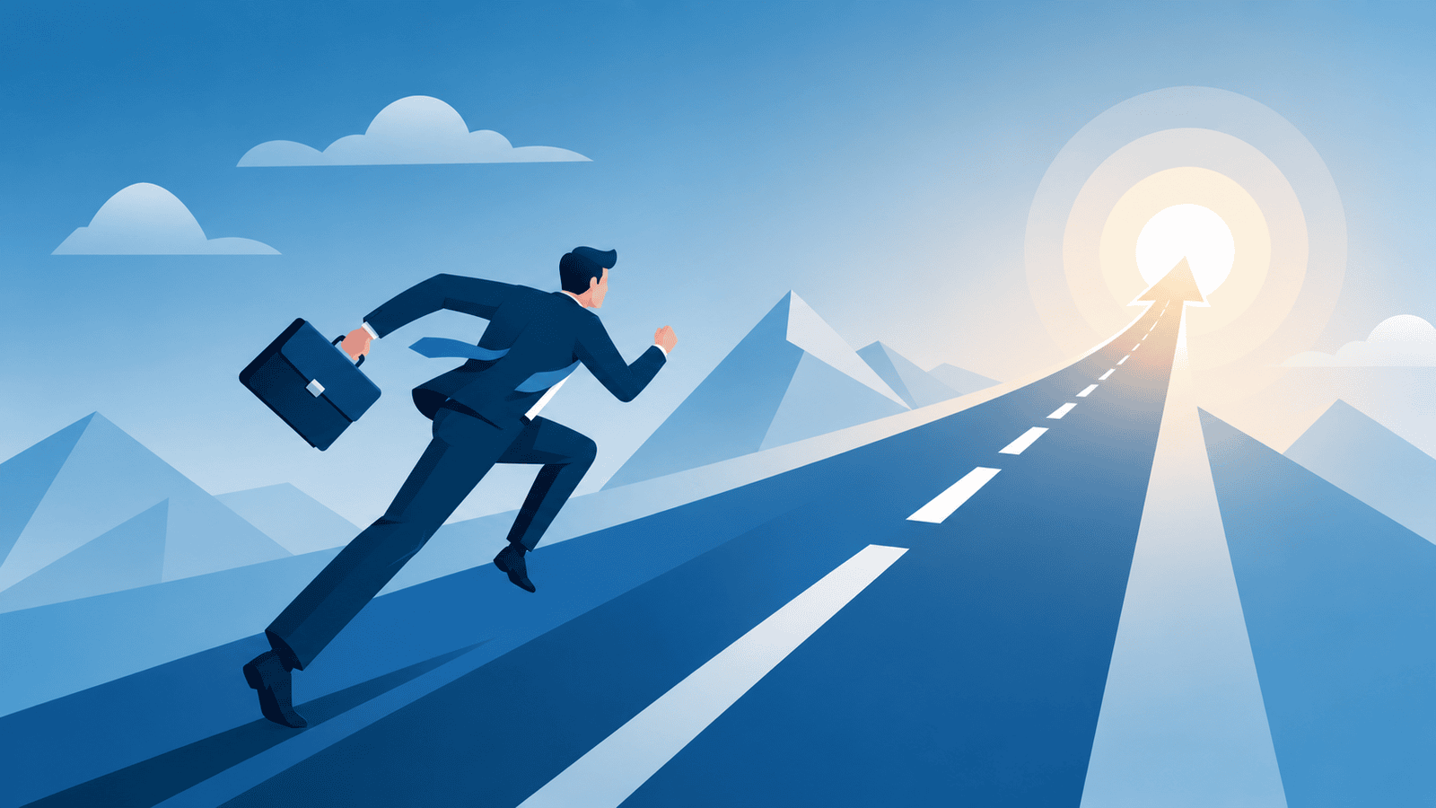 Illustration of a business professional running toward a bright destination along an upward road, representing how adaptability, strategic decision-making, and responding quickly to change can help businesses accelerate growth and long-term success.