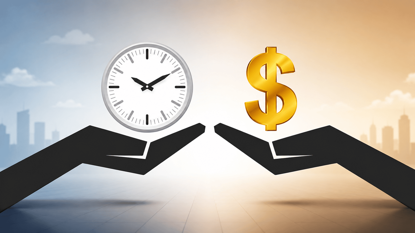 3D illustration of two outstretched hands holding a clock and a gold dollar symbol against a bright sky, representing the growing financial cost and lost time that come from delaying CRA tax obligations.