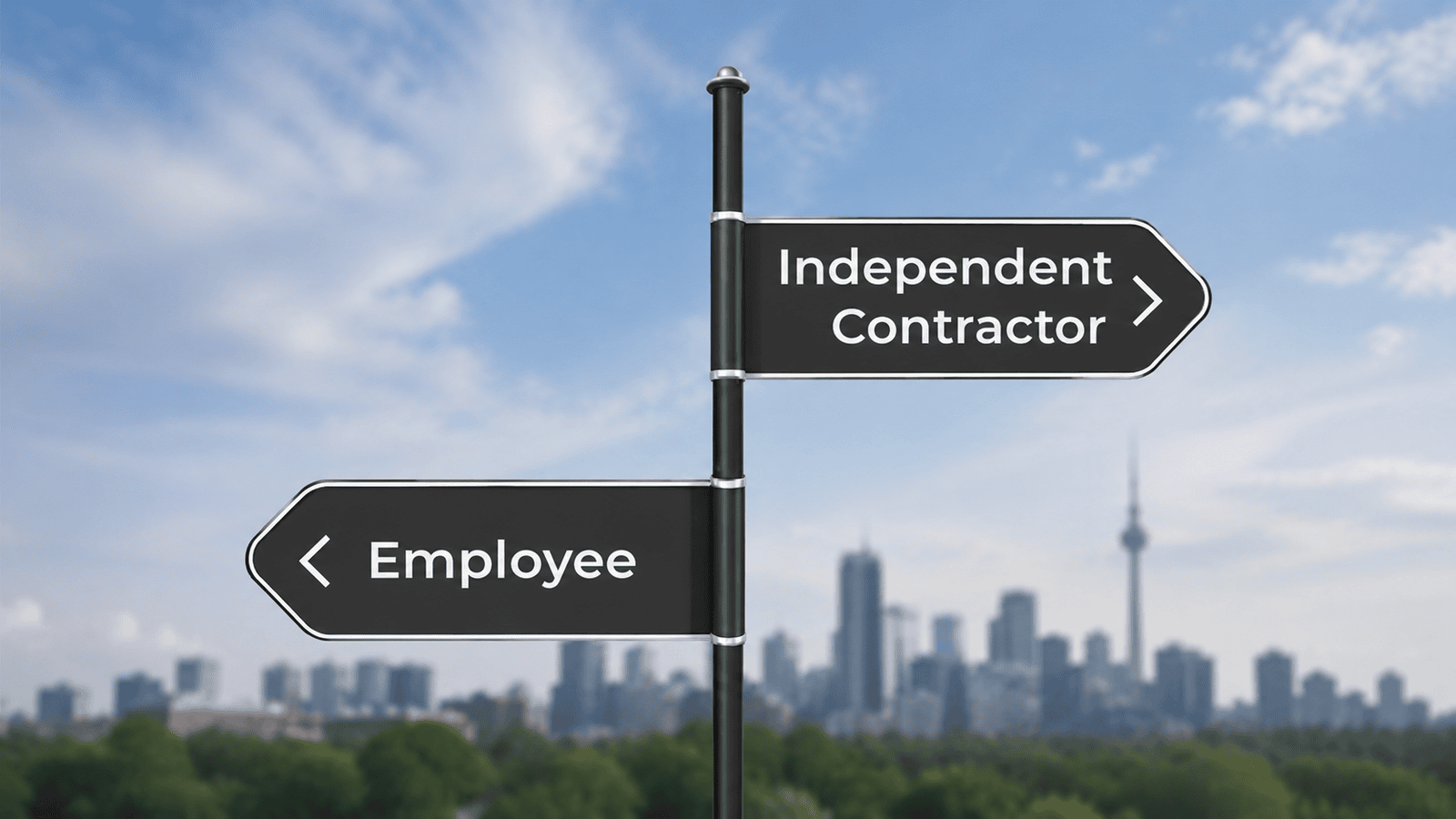 Directional sign pointing toward Employee and Independent Contractor options against a Canadian city skyline, representing the growing worker classification decisions facing business owners in London, Ontario and across Canada.