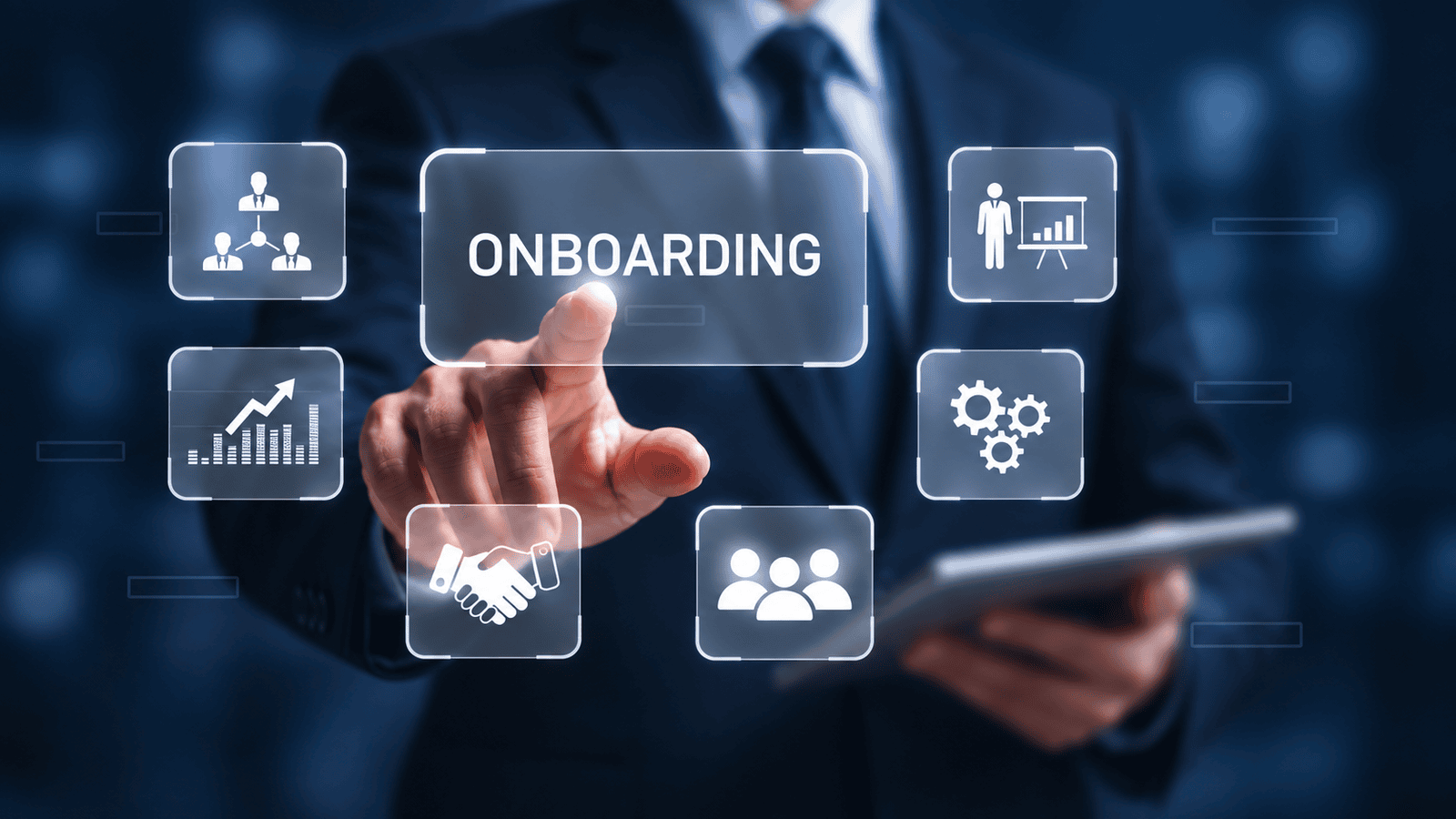 Business professional pressing an onboarding interface surrounded by icons for teamwork, growth, systems, and customer relationships, representing how a strong onboarding process can become a powerful marketing tool for small businesses.