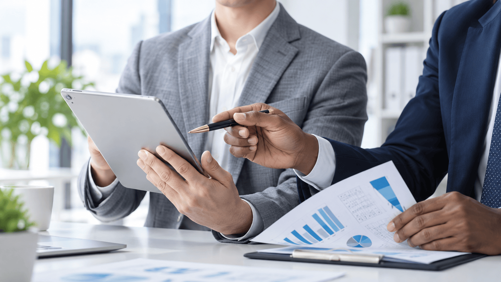 Two business professionals reviewing financial charts on a tablet and printed reports, representing the hidden tax considerations and risks of seemingly safe corporate investments in Canada.