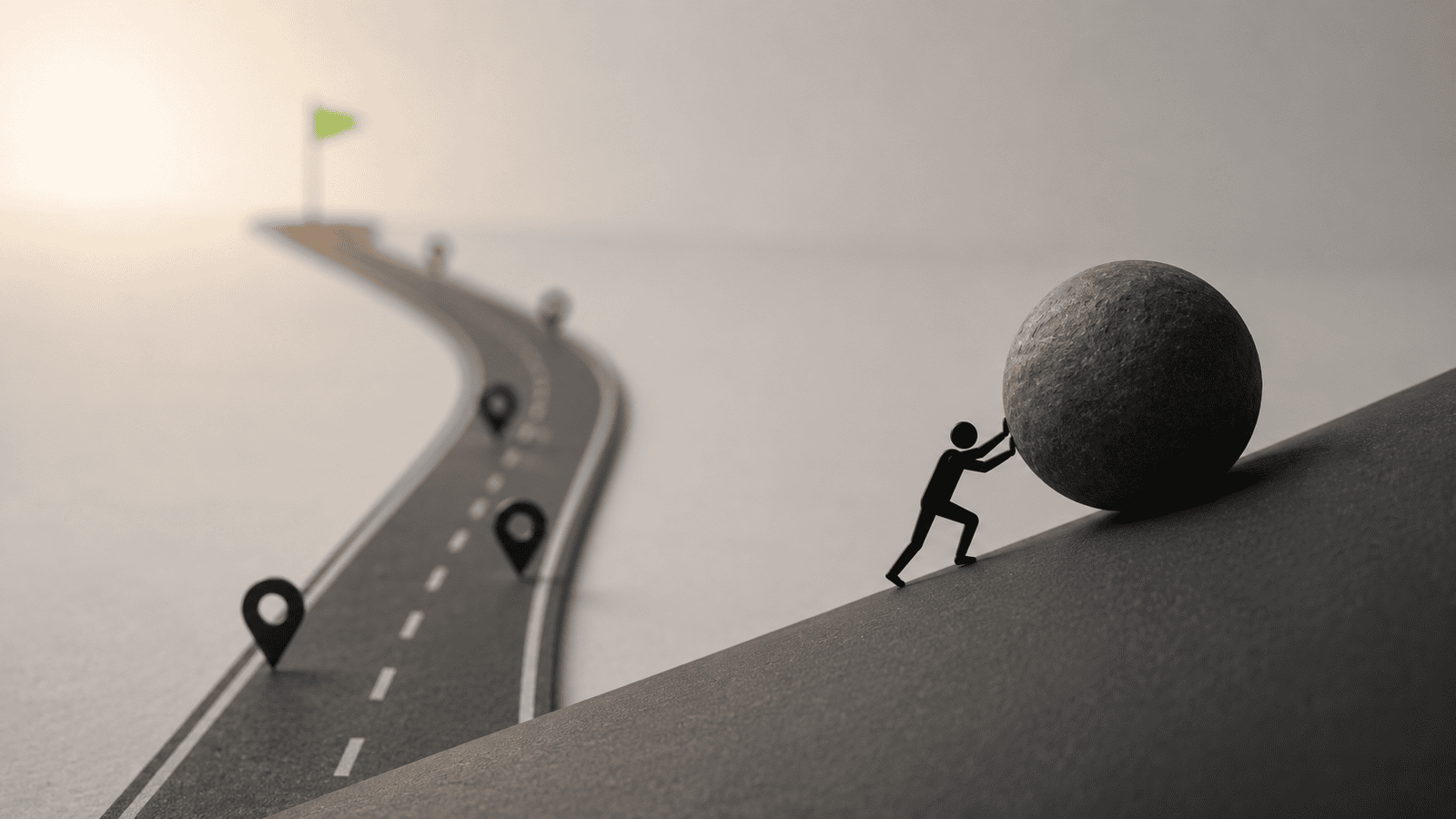 Minimalist conceptual image of a figure pushing a heavy boulder uphill beside a winding road leading toward a distant goal, representing the ongoing discipline and consistency required to grow a business in Canada.