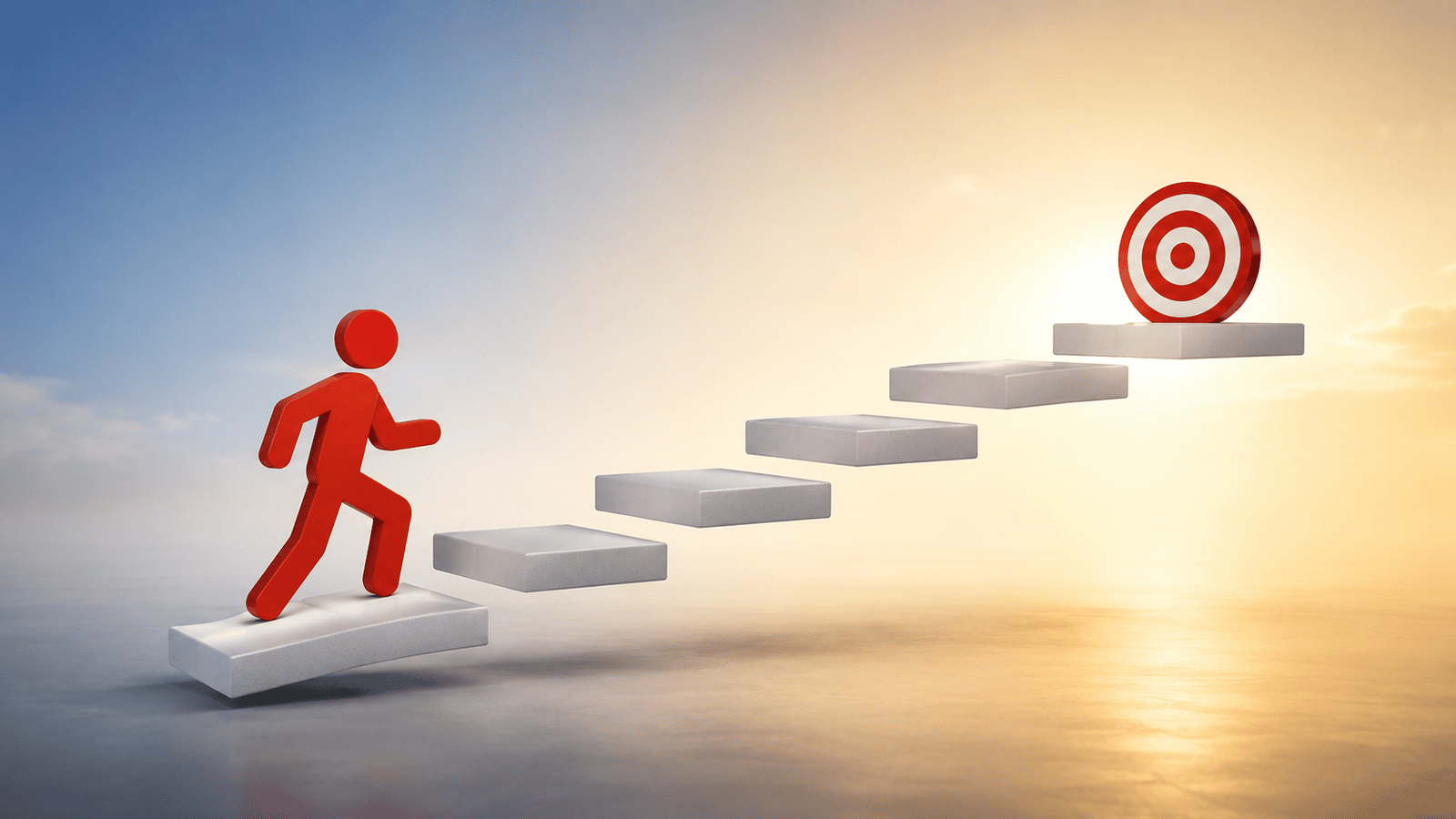 3D illustration of a red figure climbing a series of white floating steps toward a red target, representing a calm, organized process for catching up on overdue CRA filings and tax obligations.