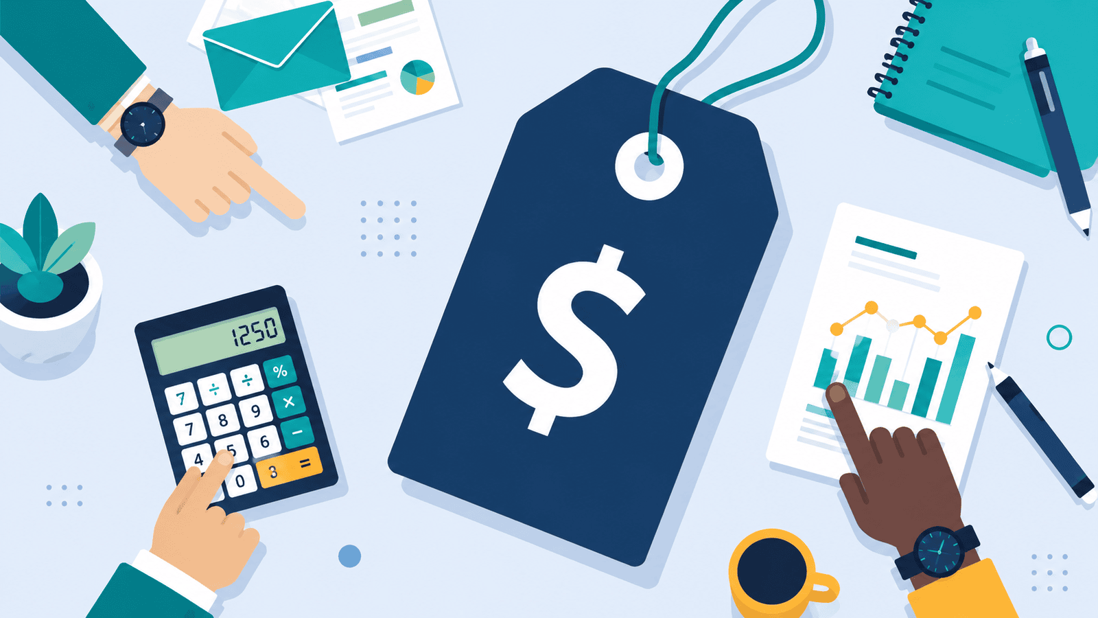 Flat vector illustration of a price tag surrounded by a calculator, financial reports, business documents, and office tools, representing strategic pricing decisions based on value, profitability, and business performance.