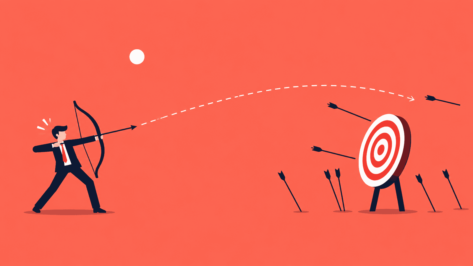 Vector illustration of a business owner aiming an arrow at a target surrounded by missed shots, representing common mistakes that keep entrepreneurs stuck despite repeated effort and ambition.