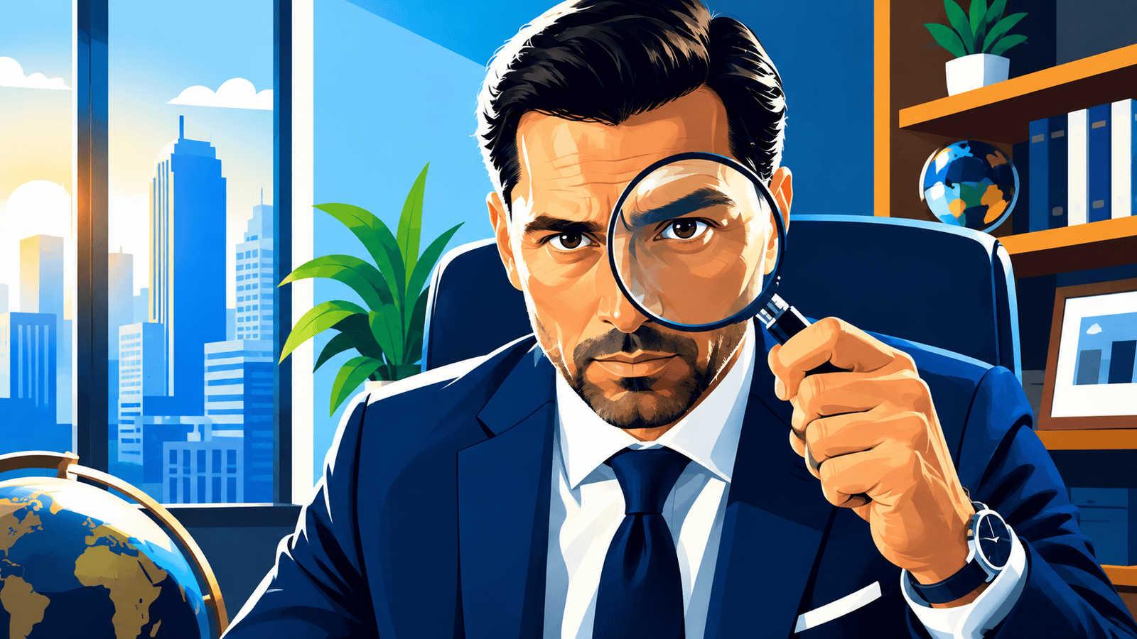 Vector illustration of a serious business founder using a magnifying glass in a modern executive office, representing the Founder Autopsy process of examining leadership, decisions, and business growth.