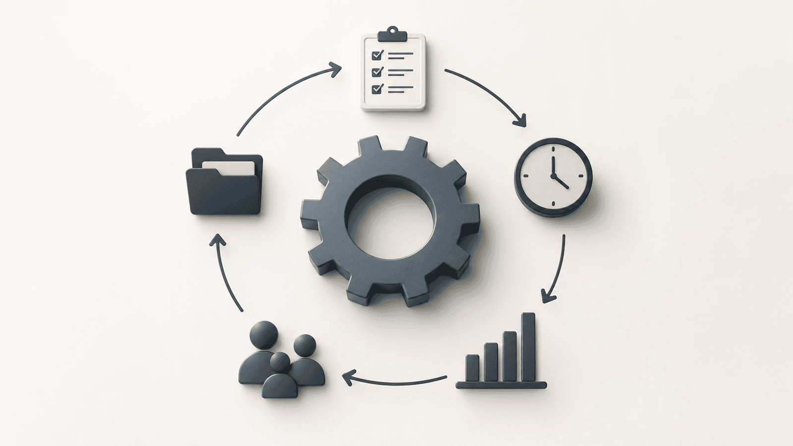 Minimalist business workflow illustration featuring a central gear connected to folders, checklists, time management, team coordination, and performance tracking icons, representing practical systems that create consistency in Canadian businesses
