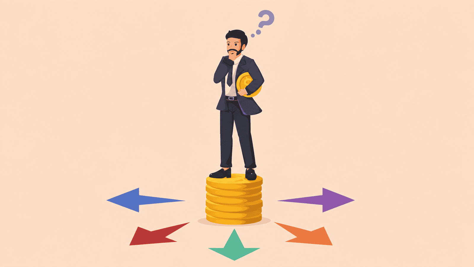 Business owner standing on a stack of coins surrounded by arrows, representing the financial choices involved in deciding how and when to pay yourself from a Canadian business.
