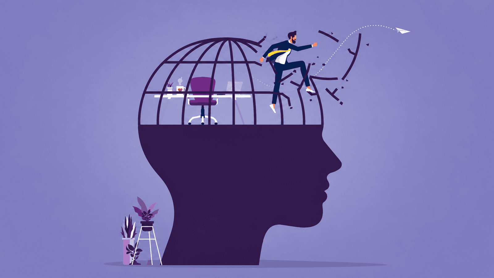 Vector illustration of a business professional breaking free from a cage inside a human head, representing the mindset shift founders need to escape limiting habits and lead business growth.