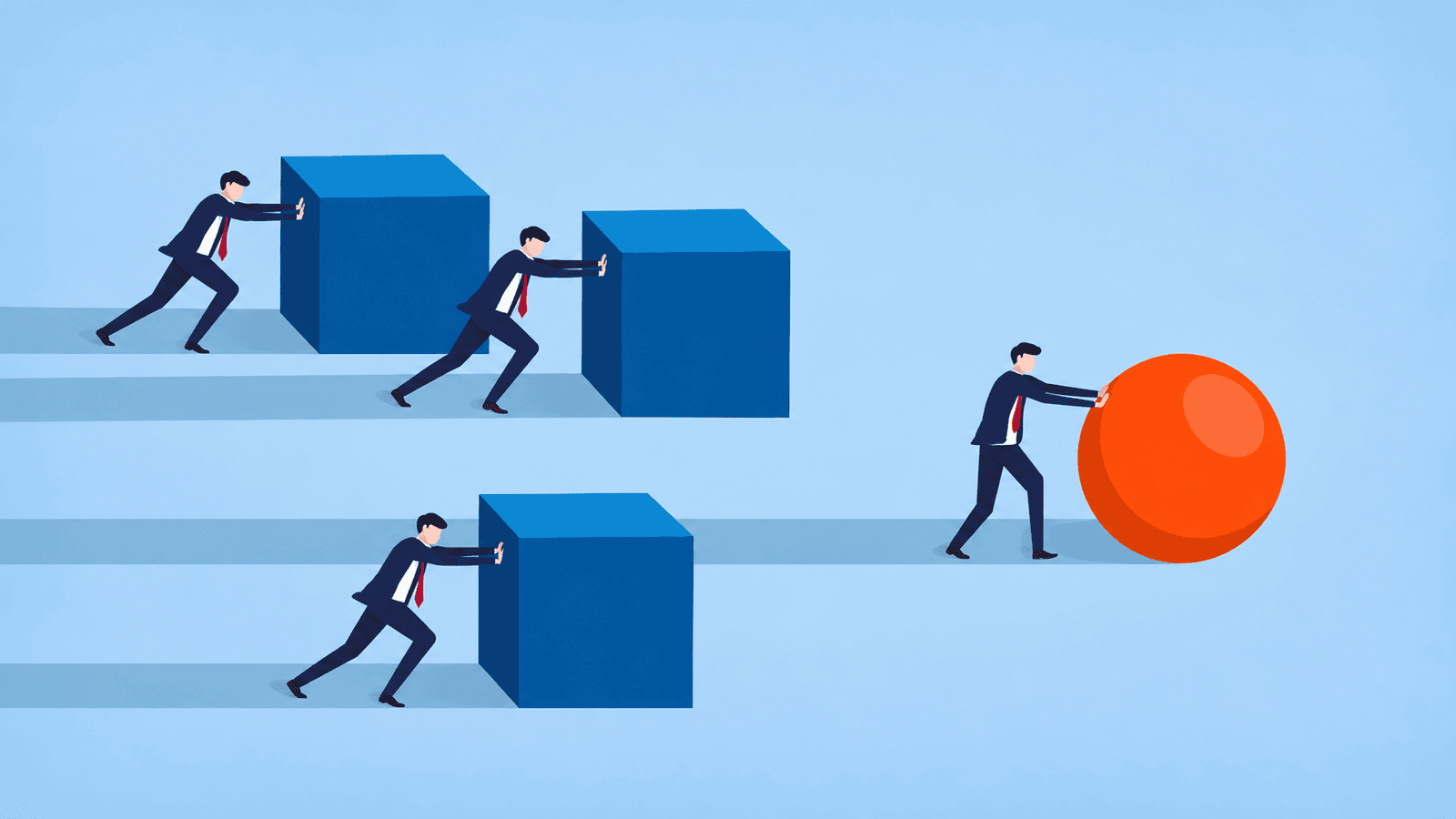 Vector illustration of business owners struggling to push heavy square blocks while another moves a round object with ease, representing why growing businesses should replace constant grind with smarter systems.