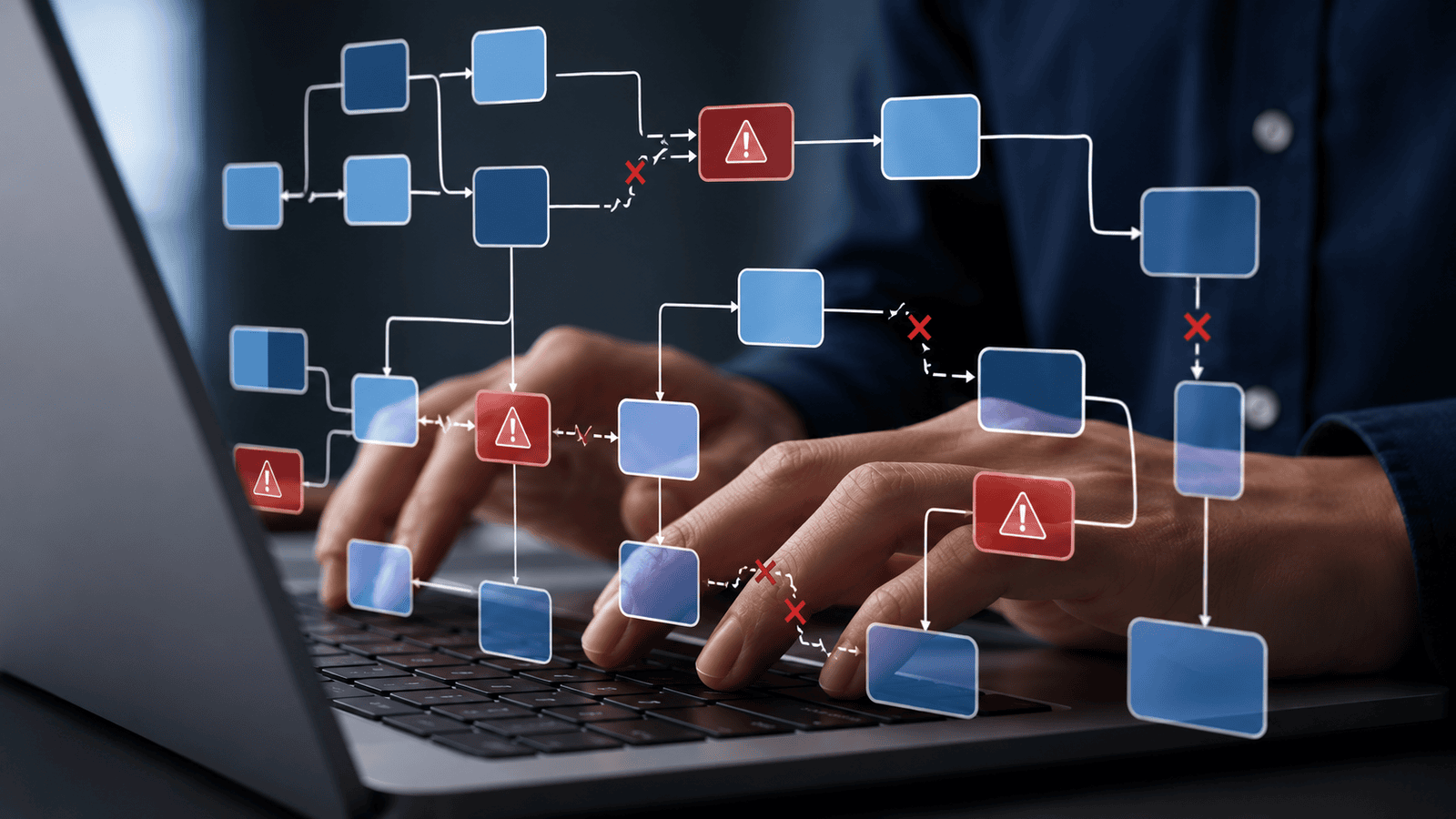 Close-up of a professional typing on a laptop with a digital workflow diagram showing broken connections and red warning alerts, representing inefficient business systems, operational bottlenecks, and the need for smarter process automation.