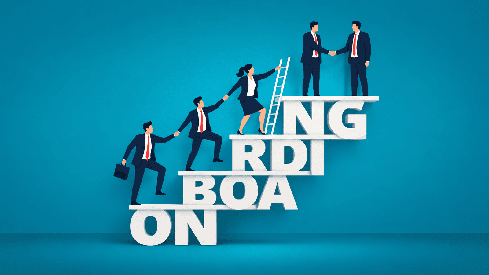 Business professionals climbing a staircase formed by the word onboarding and helping one another upward, representing a structured customer onboarding process that builds confidence, consistency, and professionalism in small businesses.