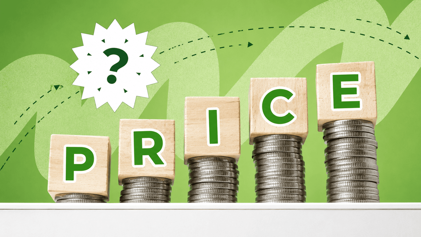 "Illustration of stacked coins topped with wooden blocks spelling 'PRICE' against a green background with upward arrows, representing pricing strategy, profitability, and the impact of pricing decisions on long-term business growth