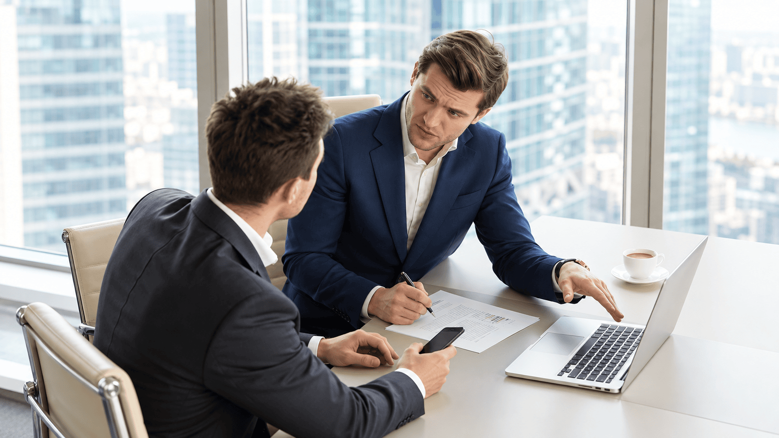 Two business professionals reviewing financial documents and a laptop during a funding discussion, representing how organized bookkeeping and clear financial reporting can improve financing readiness for small businesses in London, Ontario.