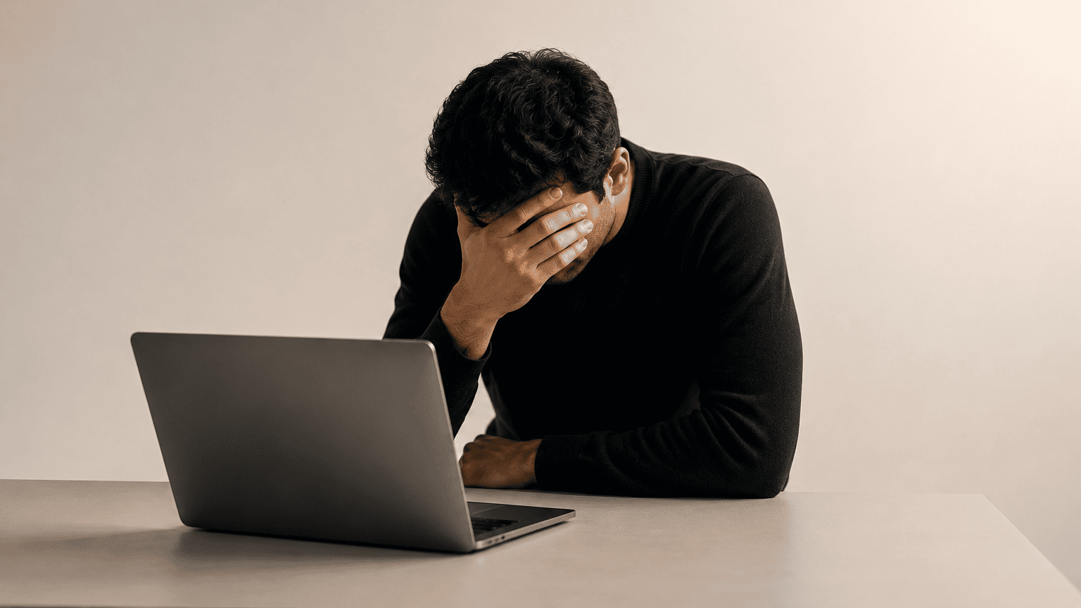 Minimalist image of a stressed business owner sitting at a table with a laptop while covering his face in frustration, representing the pressure and setbacks caused by common operational and financial mistakes in Canadian businesses.