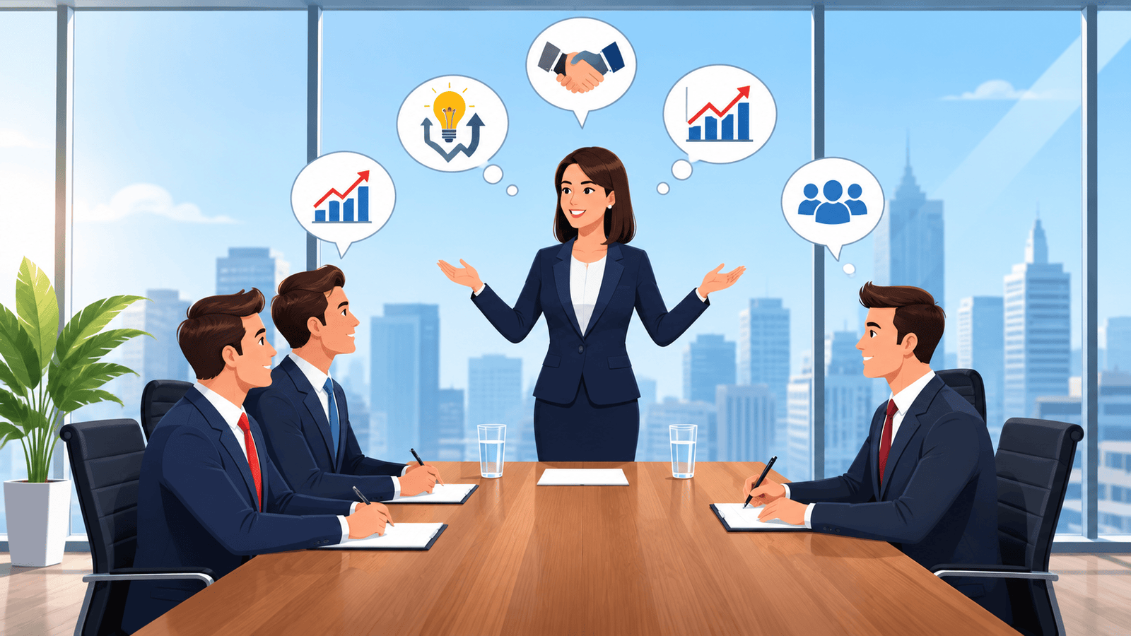 Vector illustration of a business leader presenting growth, teamwork, ideas, and partnerships to colleagues in a modern boardroom, representing the leadership decisions growing businesses face as they scale.