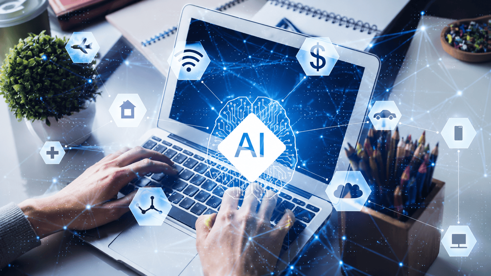Close-up of a professional using a laptop with AI-powered digital icons and connected business applications, illustrating how artificial intelligence automates workflows, improves productivity, and supports everyday business operations across industries.