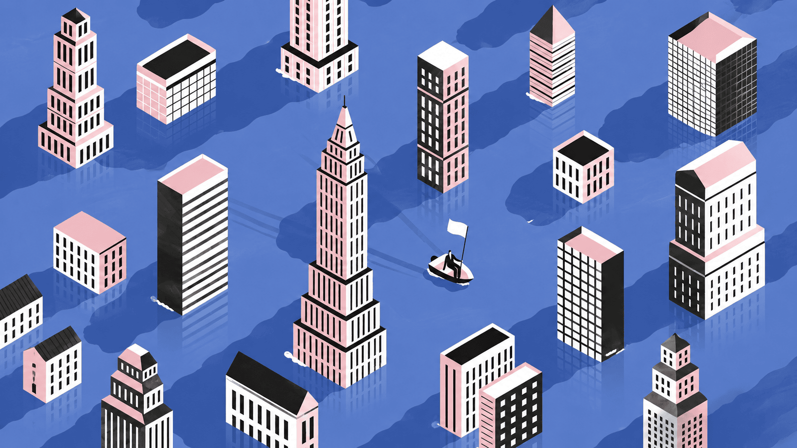 Isometric illustration of three distinct business buildings connected across a blue cityscape, representing how different bookkeeping habits and financial systems can lead to very different CRA audit experiences for Canadian businesses.