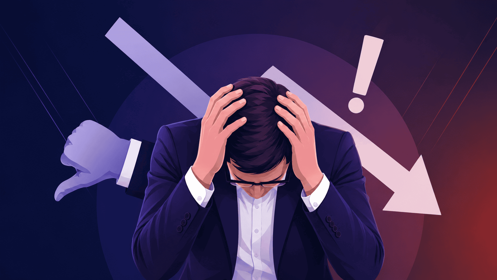 Vector illustration of a stressed business owner surrounded by downward arrows, warning symbols, and negative feedback, representing the costly pricing mistakes and poor business decisions that quietly reduce long-term profitability.