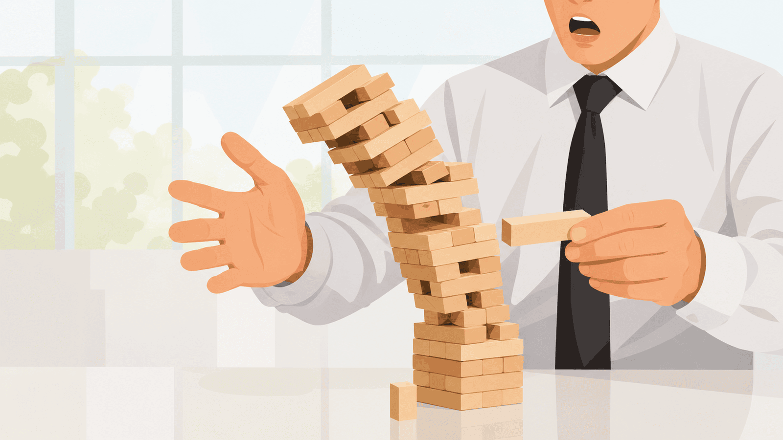 Business owner removing a block from an unstable wooden tower, representing common financial mistakes that can weaken cash flow, tax planning, and the long-term stability of a business.