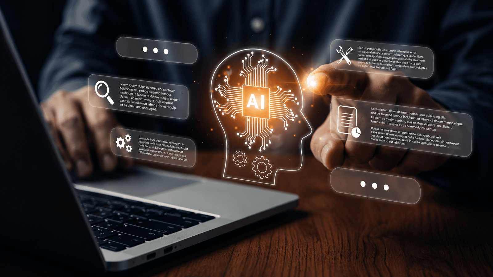 Close-up of a professional using a laptop while interacting with a glowing AI interface, representing the responsible use of artificial intelligence to automate business tasks while maintaining human oversight and decision-making.