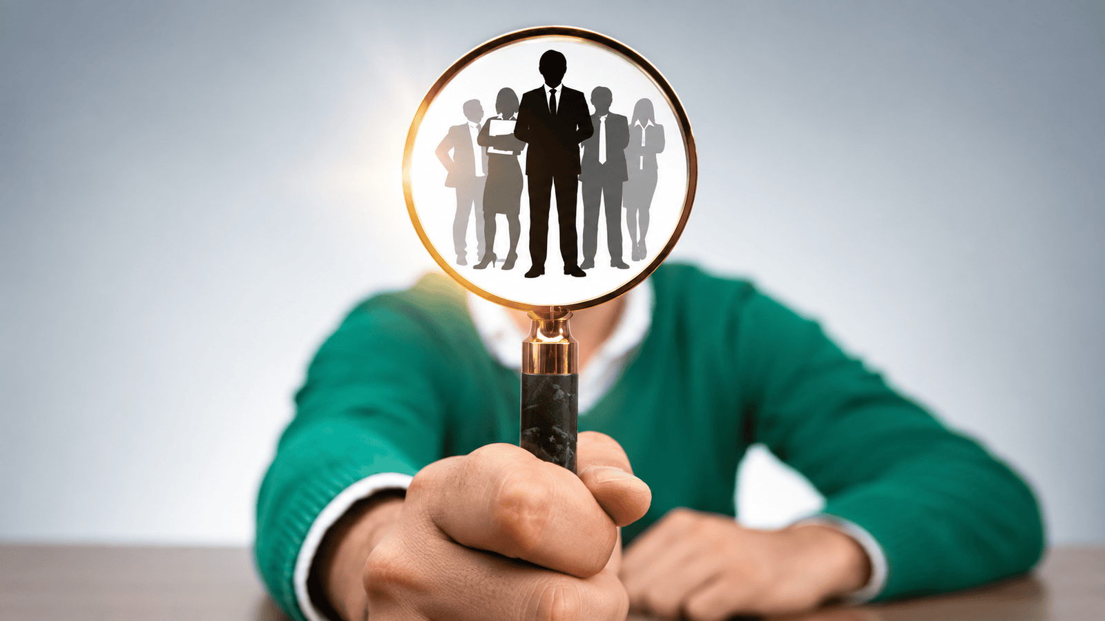 Person holding a magnifying glass over a group of business professionals, representing the need to identify customer needs, clarify responsibilities, and avoid common onboarding mistakes in small businesses.