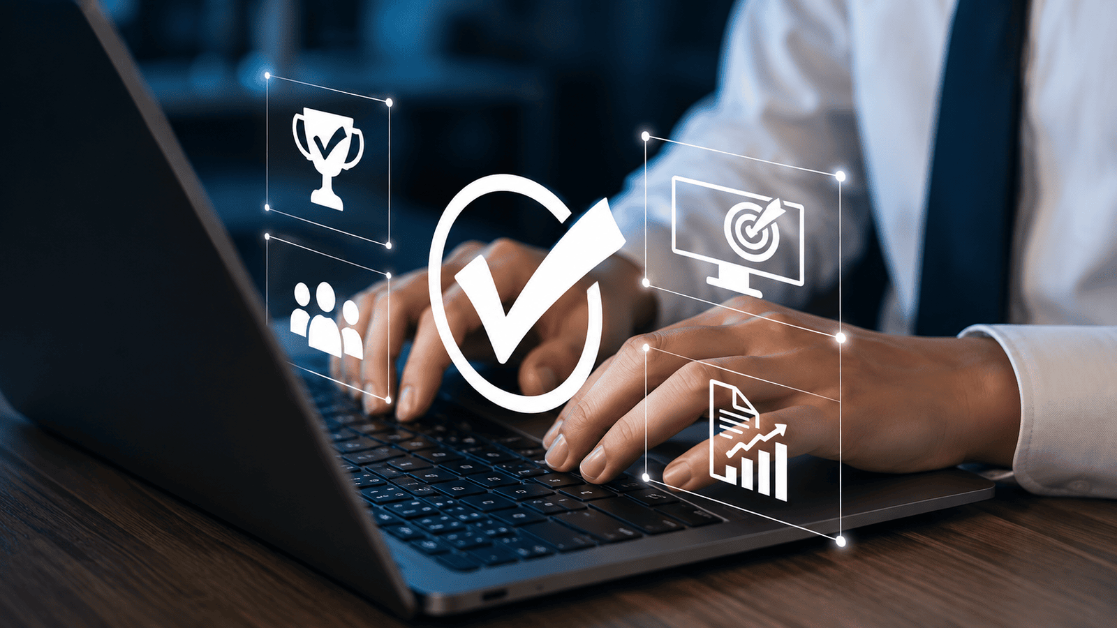 Business professional working on a laptop with digital checkmark, team, target, and reporting icons, representing best practices for maintaining CRA compliance and proper worker classification in London, Ontario.