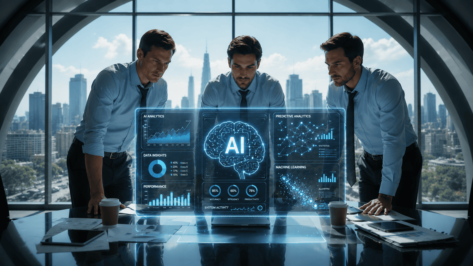 Three business professionals reviewing a holographic AI analytics dashboard in a modern office, demonstrating how artificial intelligence supports team collaboration, data-driven decision-making, and smarter business planning without replacing human expertise.