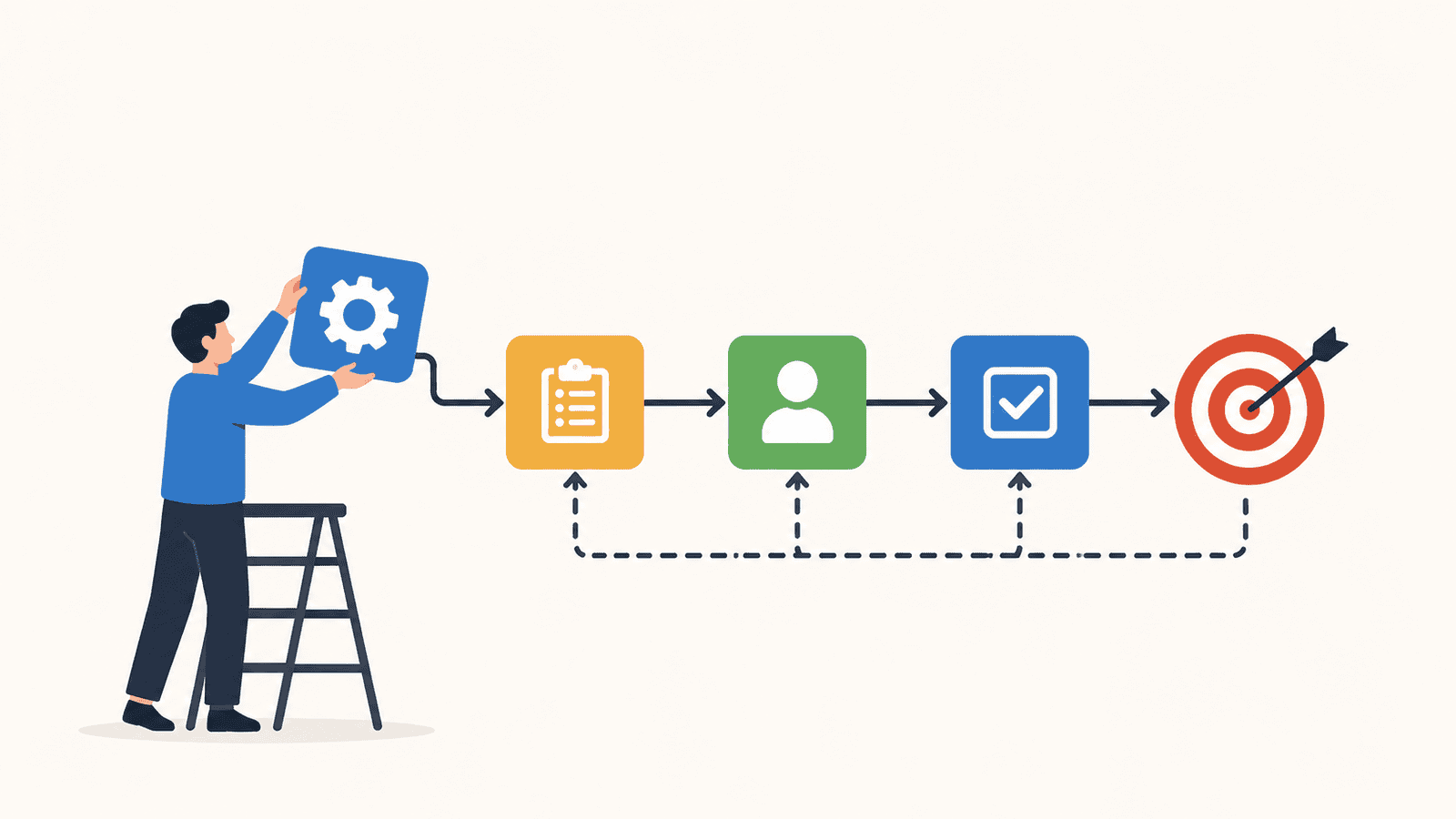 Minimal illustration of a person setting up a workflow system, showing connected steps from process setup to checklist, task assignment, completion, and goal achievement, representing how businesses create repeatable systems for growth.