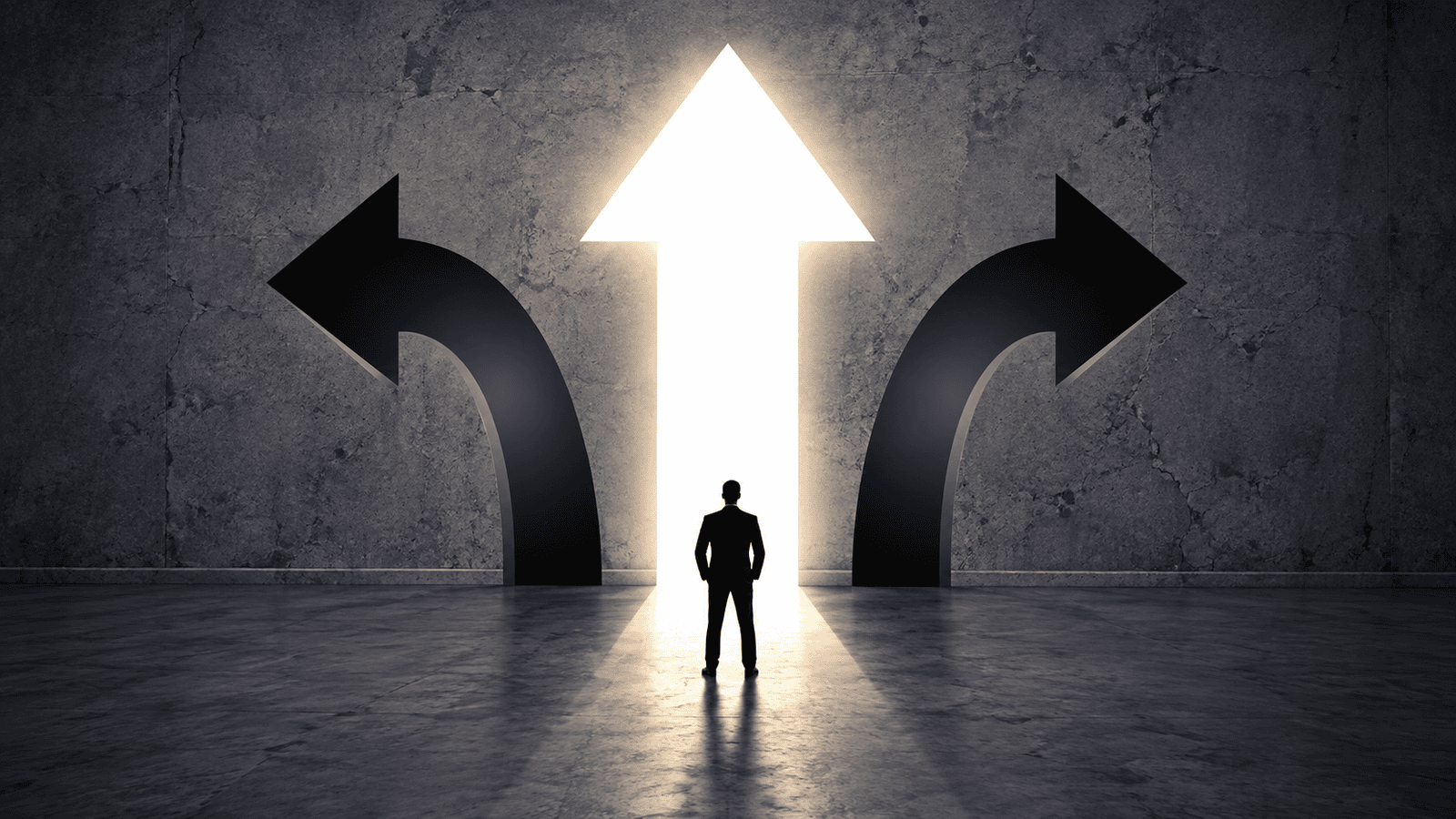 Businessman standing before three large directional arrows, with a bright upward arrow symbolizing the choice to voluntarily resolve overdue corporate tax filings, address CRA compliance issues, and regain financial control in Canada.