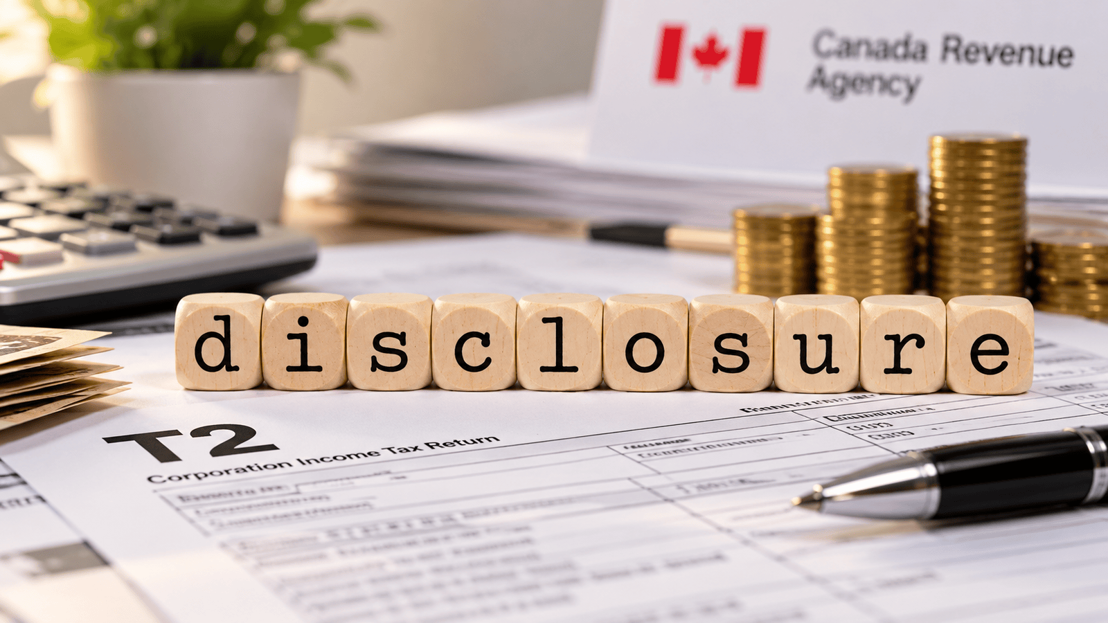 Wooden letter blocks spelling disclosure on a Canadian T2 Corporation Income Tax Return, surrounded by coins, a calculator, and CRA documents, representing voluntary tax disclosure and overdue corporate tax compliance in Canada.