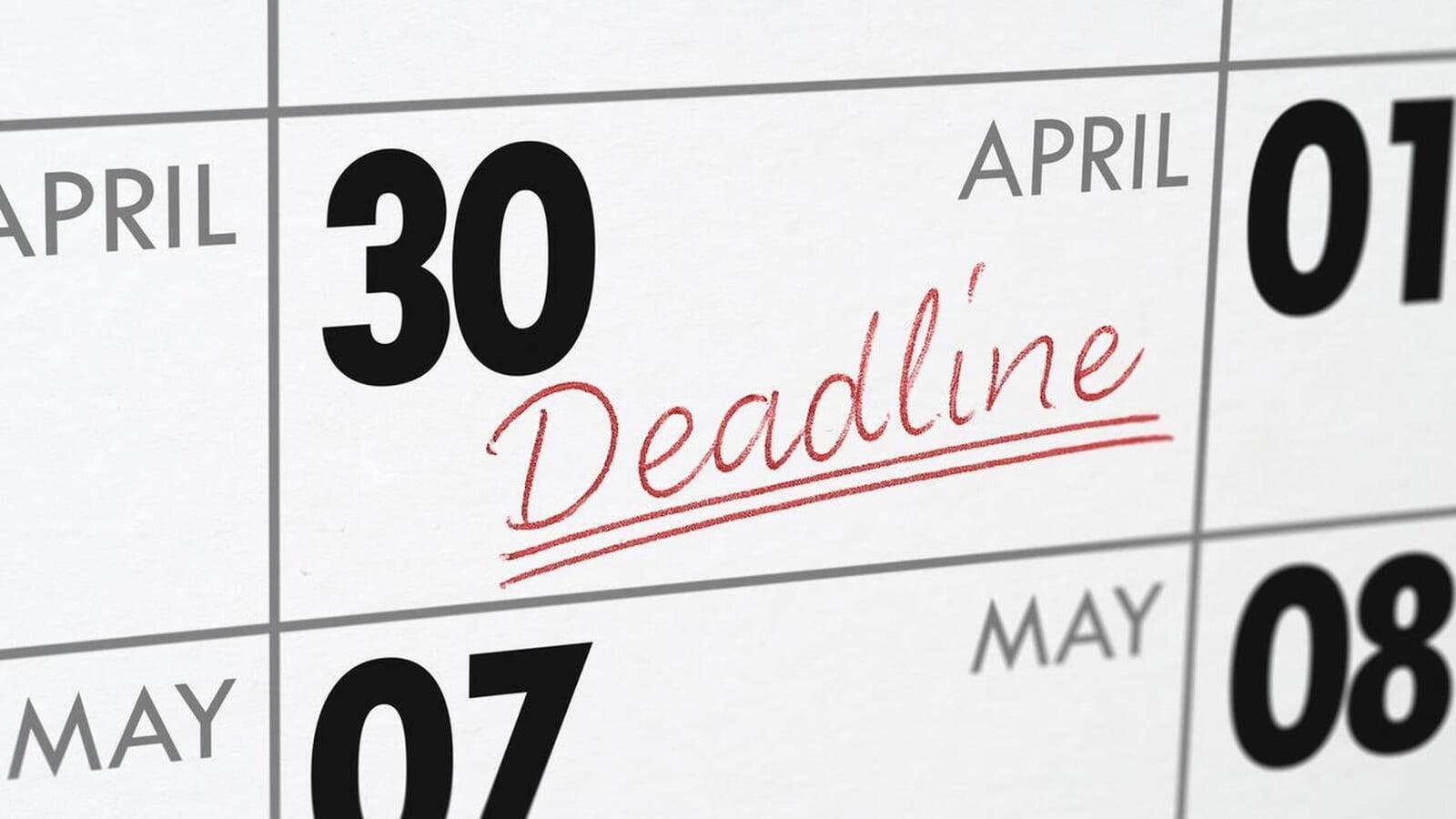 Calendar page showing April 30 with the word “Deadline” written in red and underlined, highlighting the CRA tax filing and payment deadline for individuals and small businesses in London, Ontario.