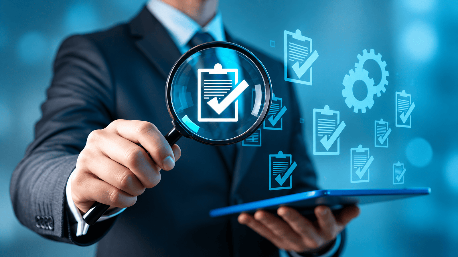 Business professional using a magnifying glass to review compliance checklists, representing GST/HST filing, payroll remittances, record retention, corporate tax deadlines, and audit readiness for businesses in London, Ontario.