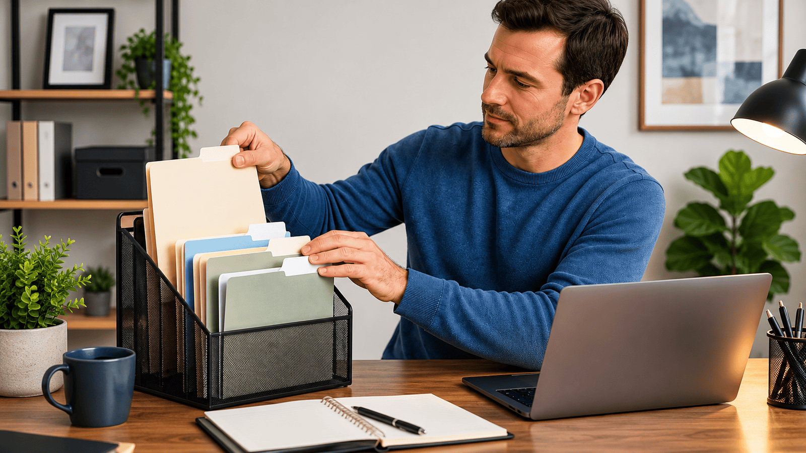 Man in a blue sweater sorting colored file folders in a desk organizer beside a laptop and notebook, representing the records Ontario business owners keep to support family payroll and meet CRA requirements.