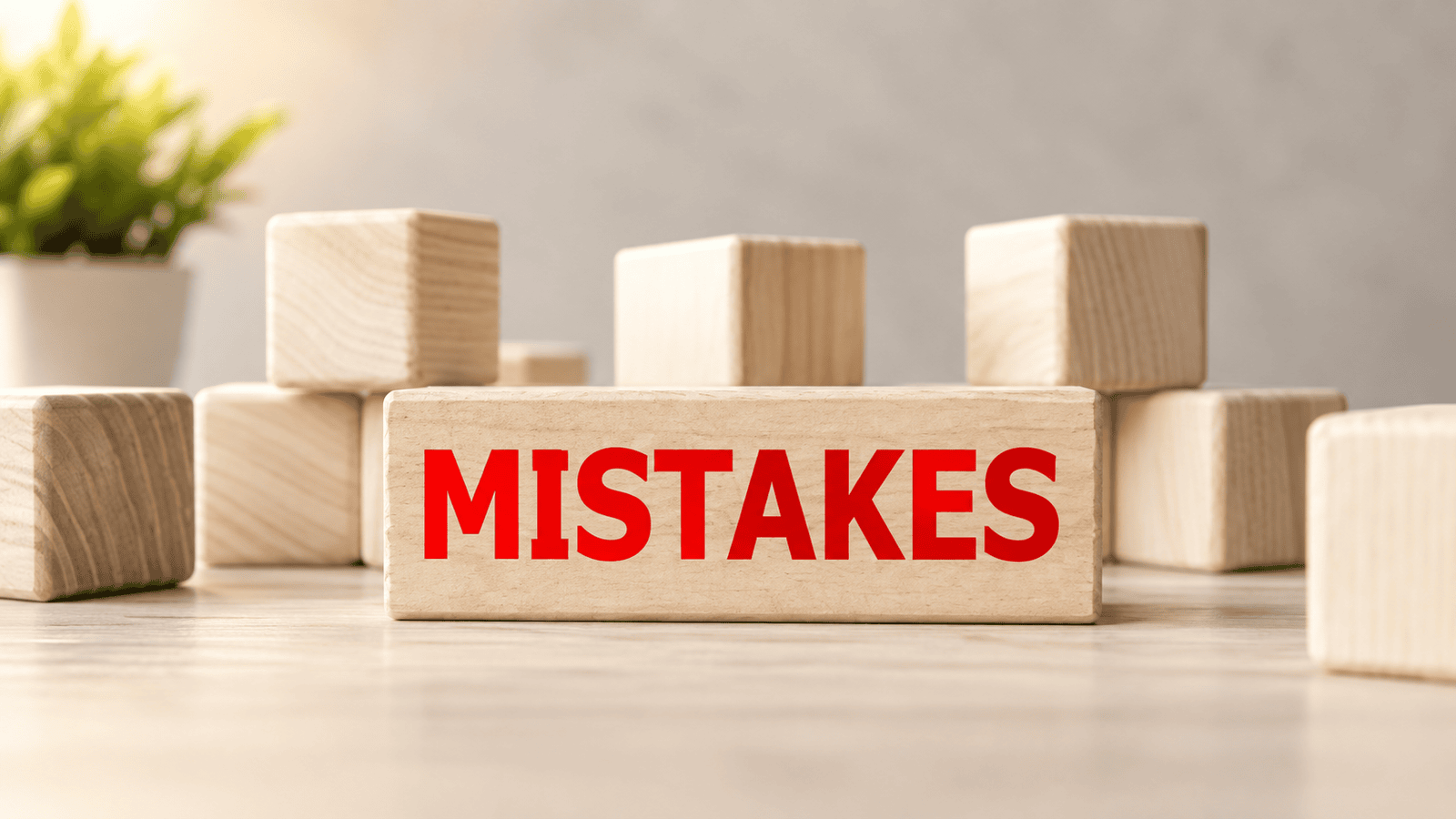 Close-up of a wooden block displaying the word MISTAKES in bold red letters, surrounded by wooden cubes, representing common corporate tax filing errors, overdue T2 returns, and CRA compliance risks for Canadian businesses.