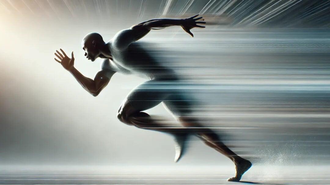 Conceptual image of a runner accelerating at high speed with motion blur trailing behind, symbolizing breakthrough momentum, persistence, and the rapid progress that often follows long periods of invisible effort.