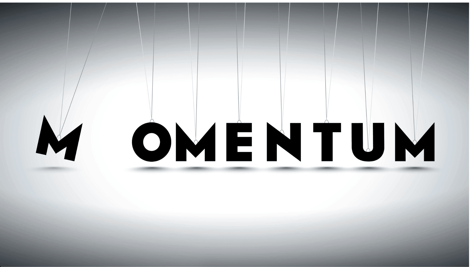 Conceptual image of the word ‘Momentum’ suspended by thin strings, with one letter appearing disconnected, symbolizing the fragile and often misunderstood process of building progress in business and personal growth.