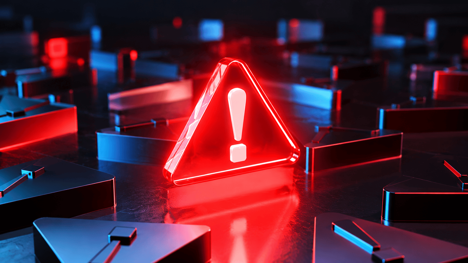 Glowing red warning triangle with an exclamation mark on a dark metallic surface, representing common red flags that can trigger a CRA audit on family salaries for small businesses in Canada.