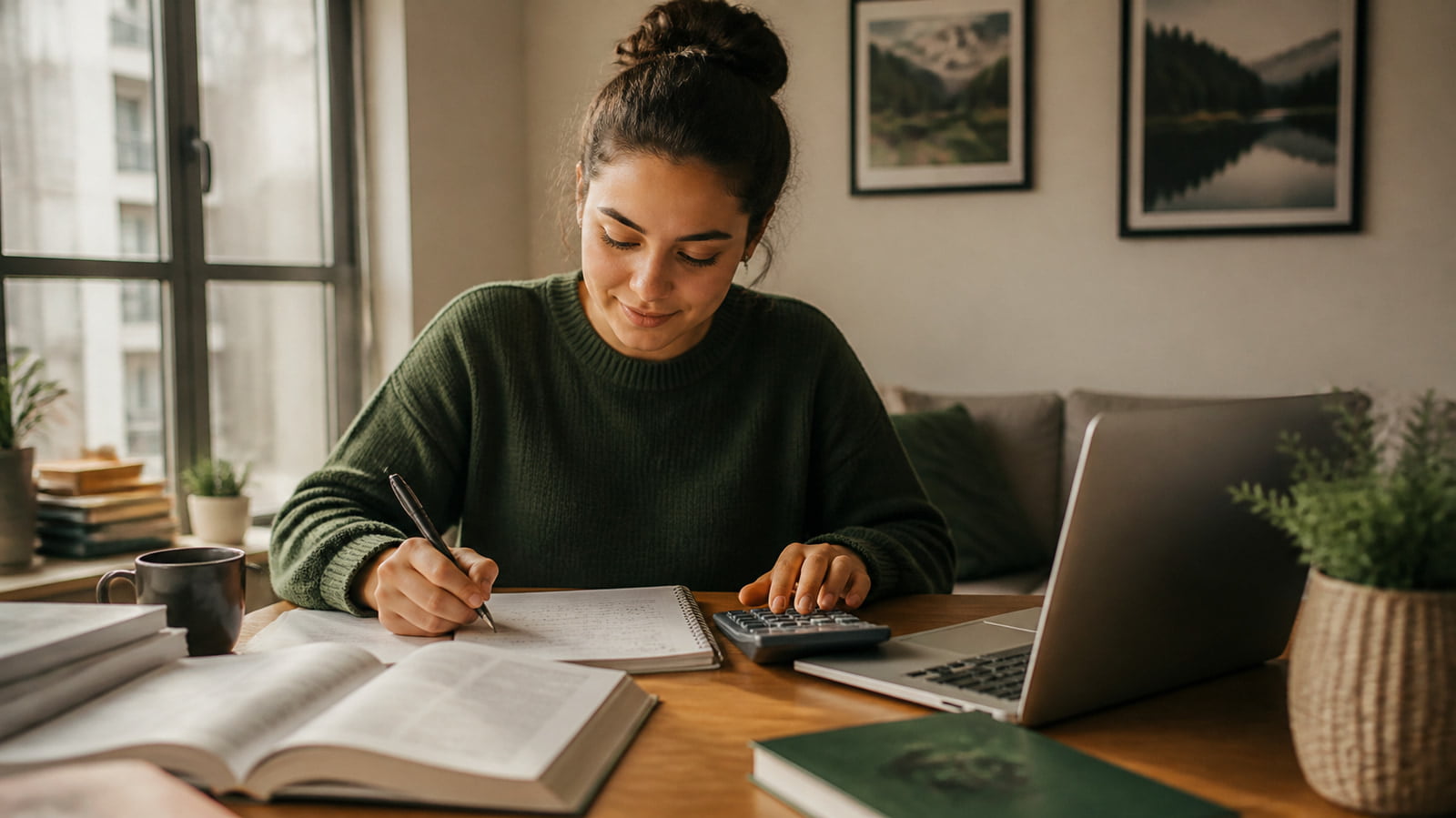 Illustrative university student working through accounting notes and practice questions