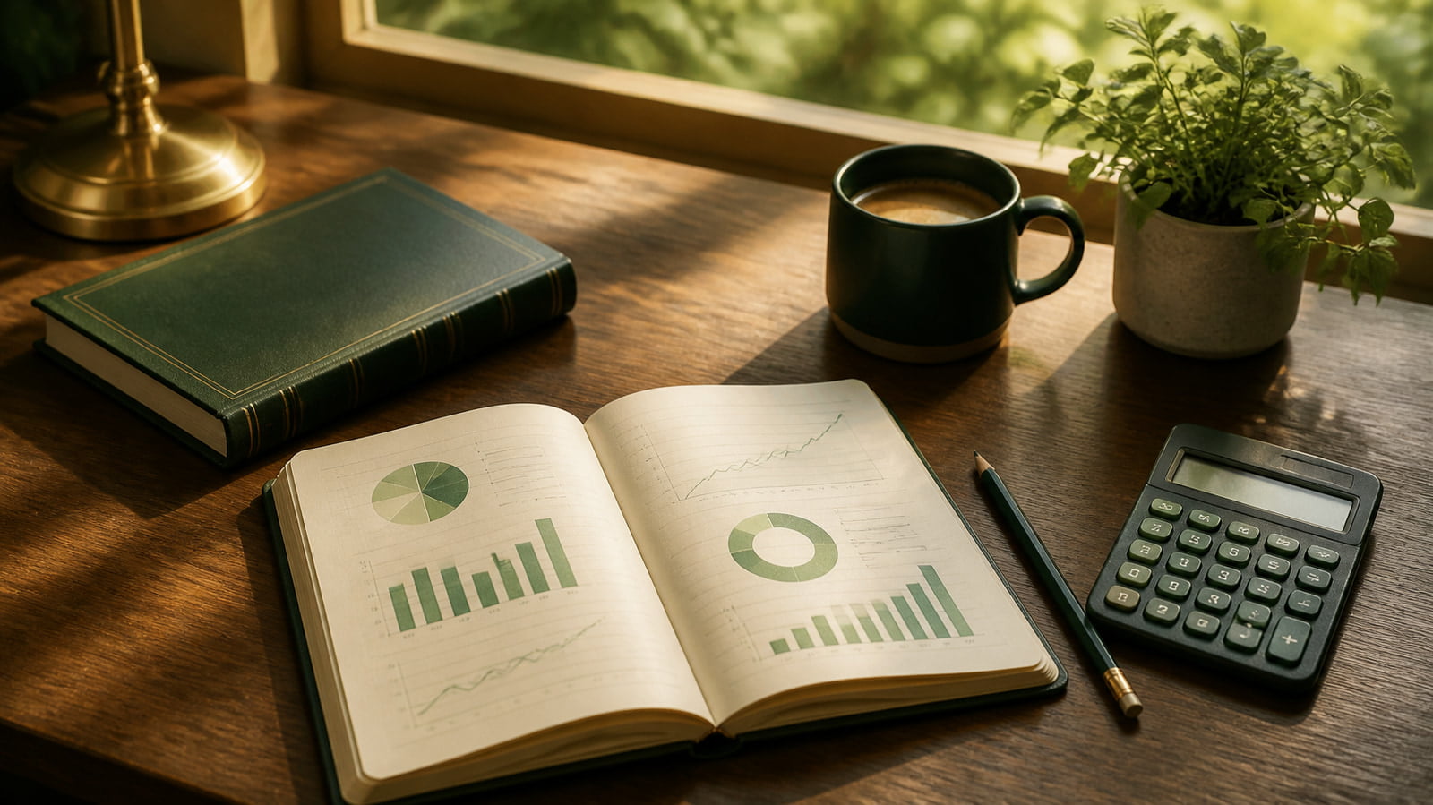 An inviting accounting study desk with notebook, calculator and coffee