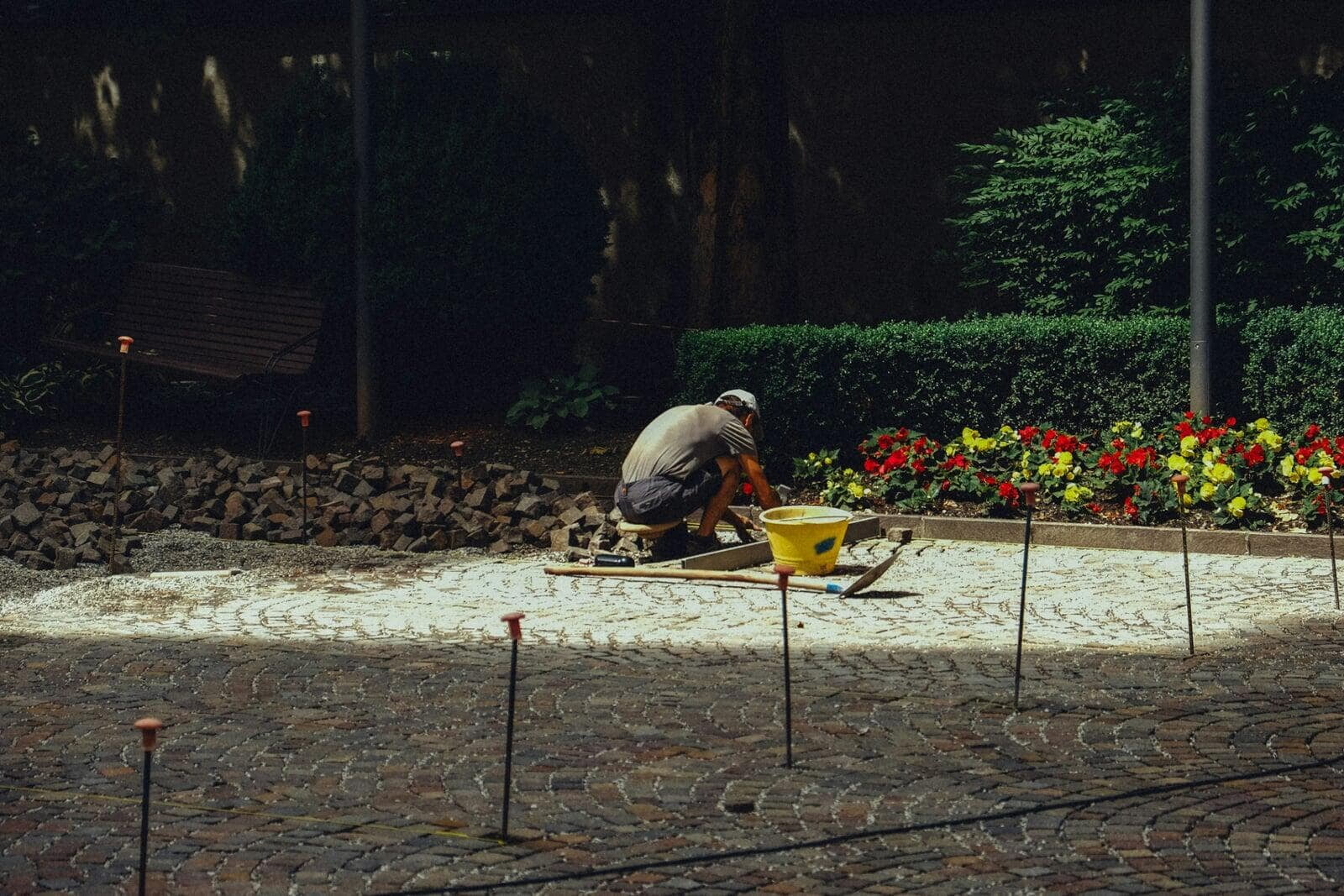 Landscaping contractor maintaining a residential outdoor property