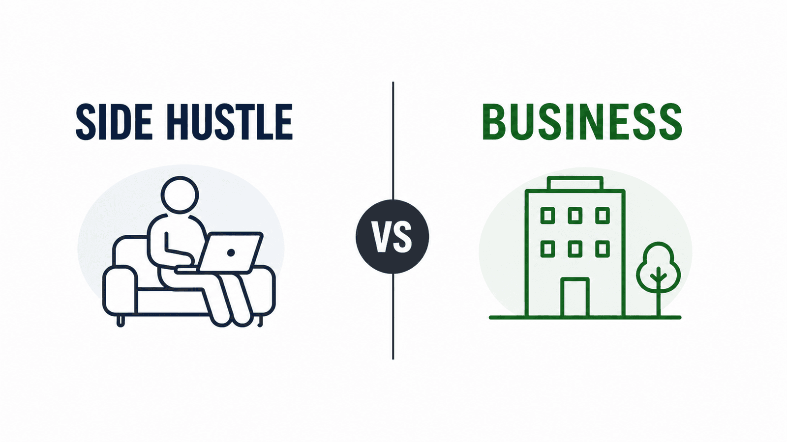 Simple split illustration showing a person working casually on a laptop labeled “Side Hustle” versus a structured building labeled “Business,” representing the shift from informal income to organized and scalable operations.