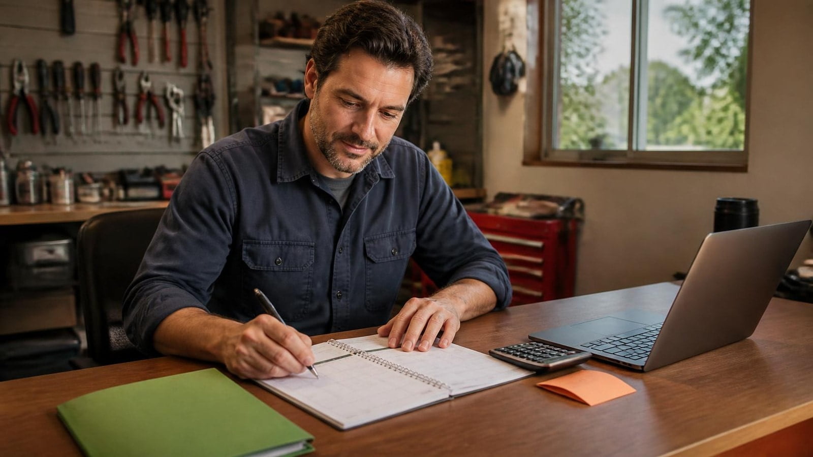 Repair-business owner planning tax payments with a notebook, laptop and calculator