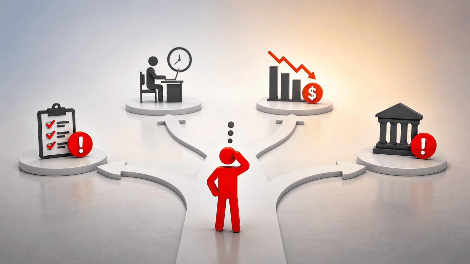 3D illustration of a red figure standing at a crossroads with paths leading to a checklist, a person working against a clock, a declining financial chart, and a government building, representing the common challenges that cause business owners to fall behind on CRA tax obligations.