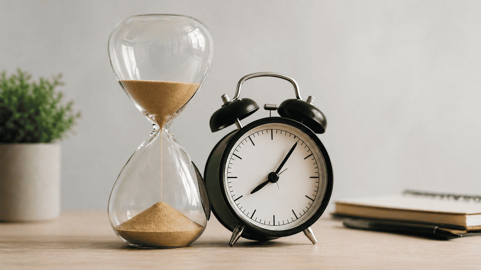 Close-up of an hourglass with sand running beside a classic alarm clock on a desk, representing the urgency and financial impact of approaching tax deadlines for business owners in London, Ontario.