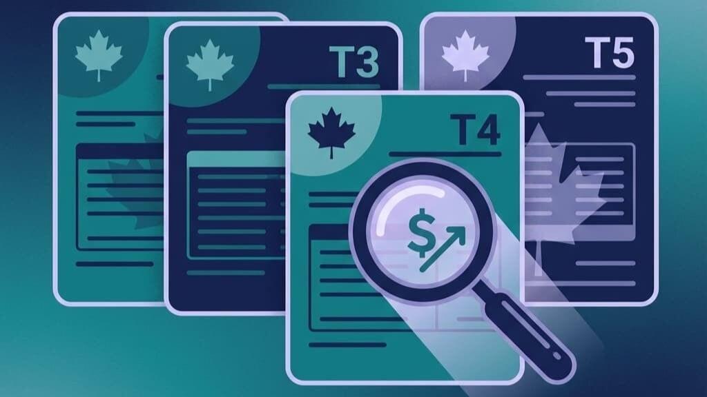 T4 and T5 tax forms in Canada showing payroll and investment income reporting documents required by the CRA