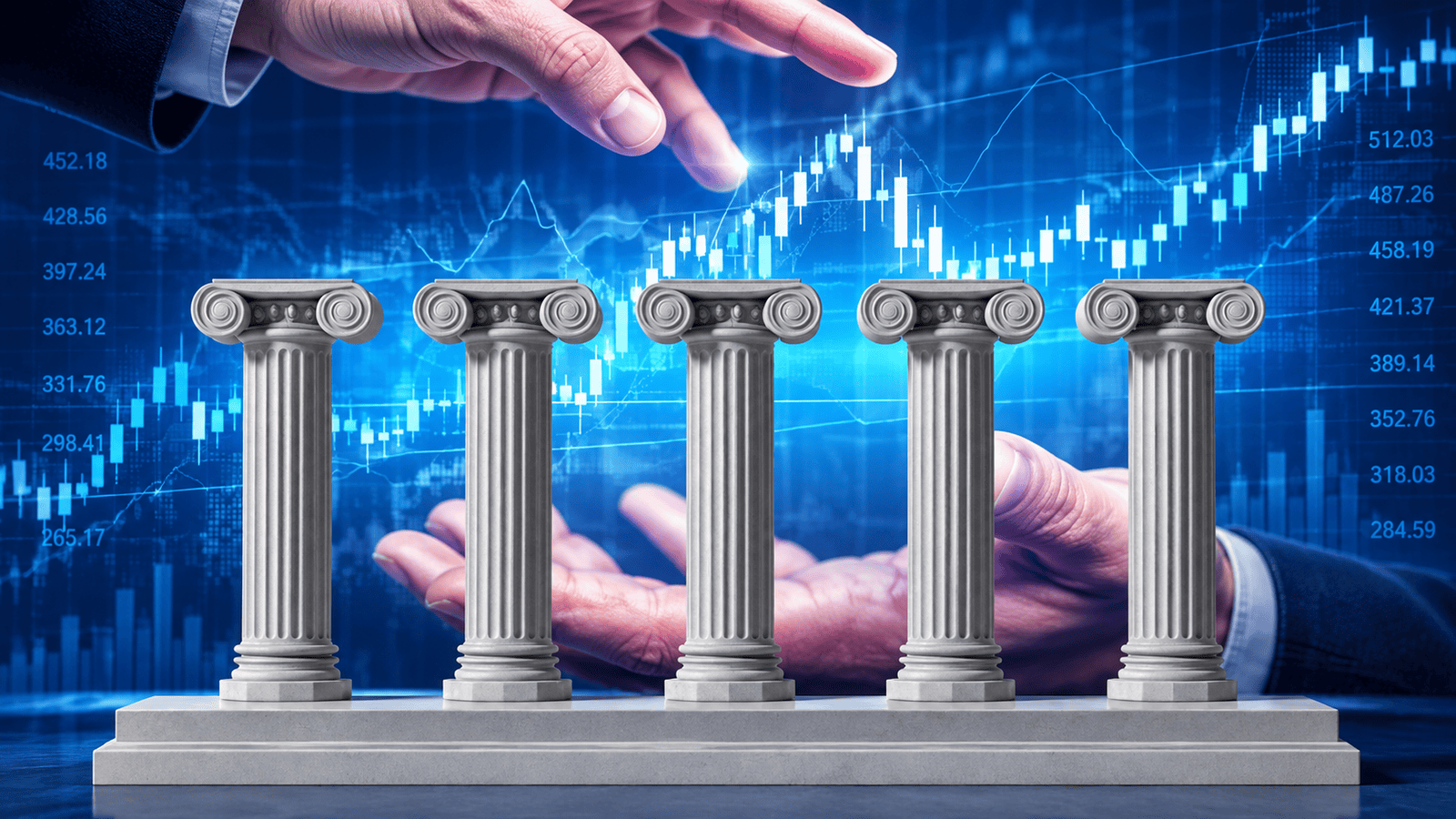 Classical pillars standing in front of financial charts and market data, representing the five foundations of a financing-ready small business, including bookkeeping, financial statements, credit, compliance, and cash flow planning